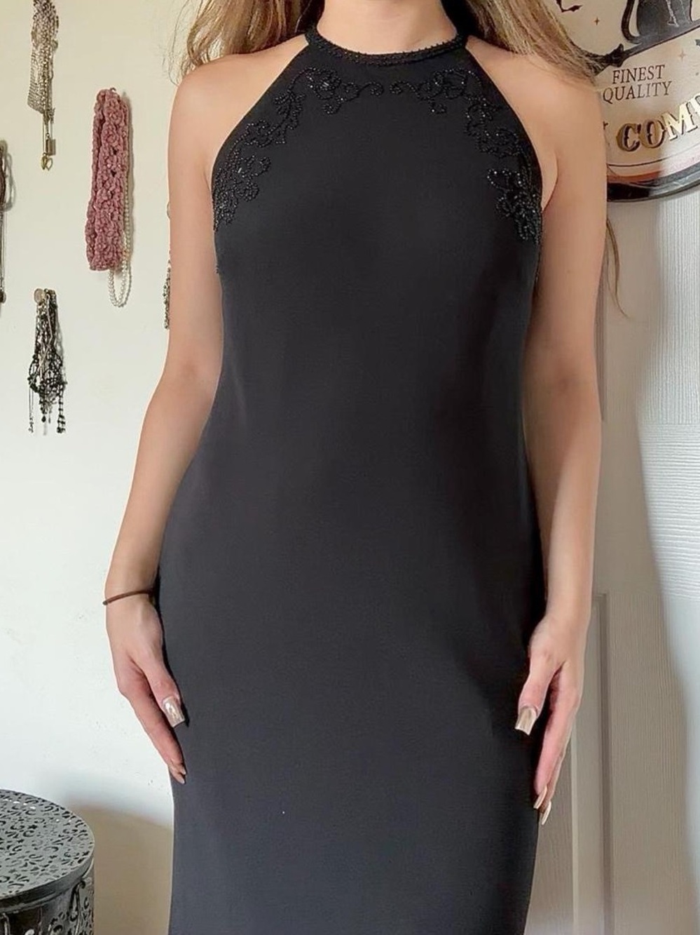 Jones New York Black One-Shoulder Midi Dress with Beaded Neckline